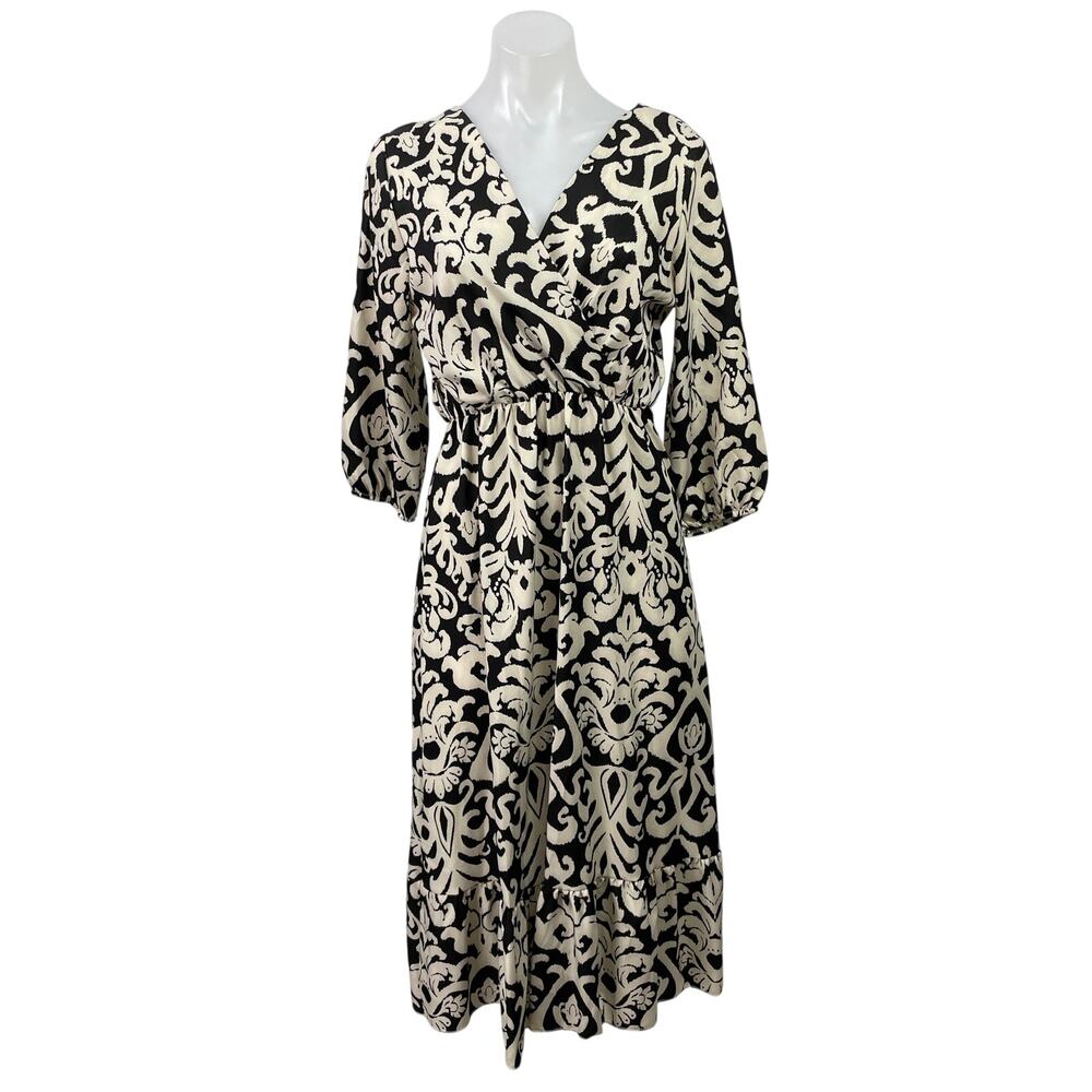 Zuiki Black White Tapestry Print 3/4 Sleeve V Neck Faux Wrap A Line Midi Dress S